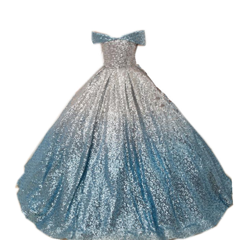 Kid Girl Silver Blue Gradual Long Tuxedo Piano Performance Dress