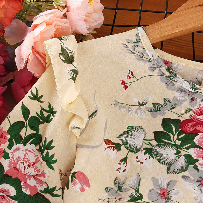 Kid Girl  Korean Long Sleeves Retro Autumn Flower Dresses