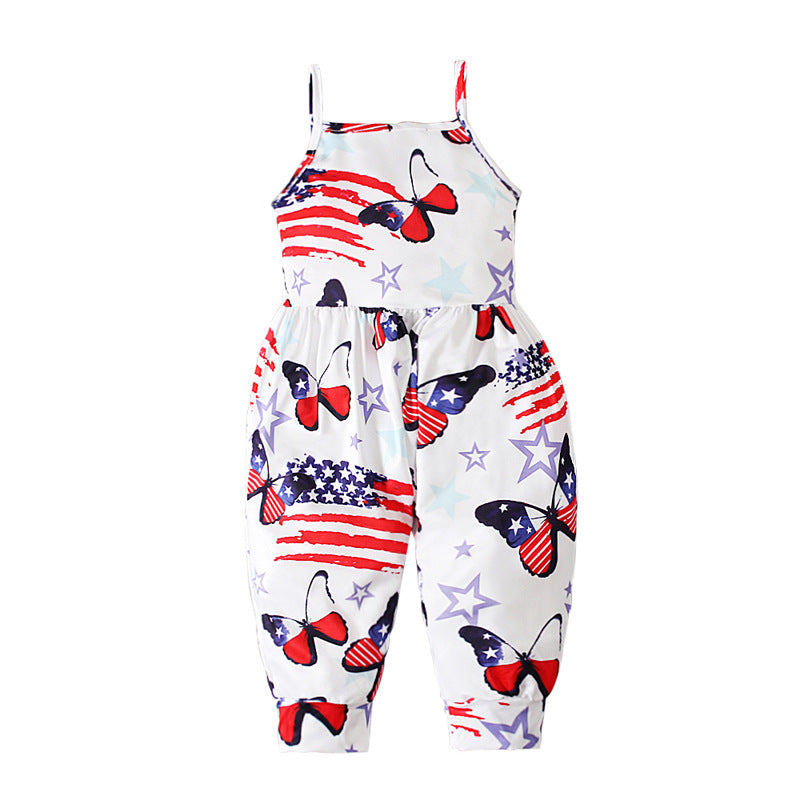 Kid Baby Girl Onesie Crawl Suit  American Flag Halter Pants Trousers