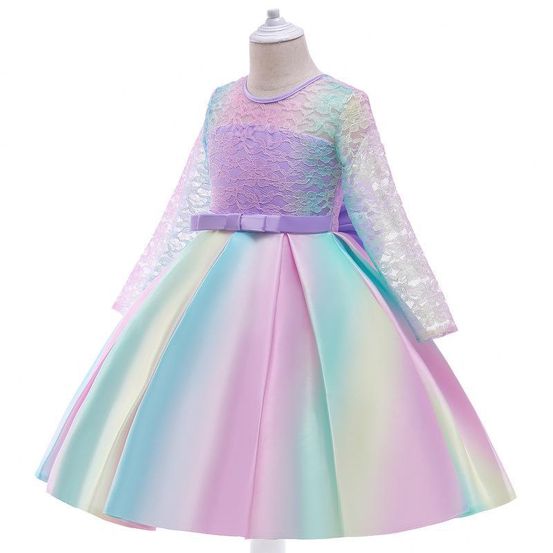 Kid Girl Christmas Gradual Long Sleeve Bow Lace Dress
