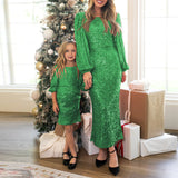 Family Matching Parent-child Long Sleeve Christmas Beaded Glistening Dresses