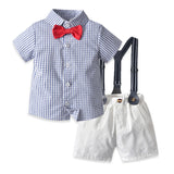 Kid Baby Boy Set Plaid Bowknot Short Sleeve Strap 2 Pcs Sets