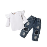 Kid Baby Girl Long Sleeve Jeans Hole Suit Spring Stripe 2 Pcs Sets