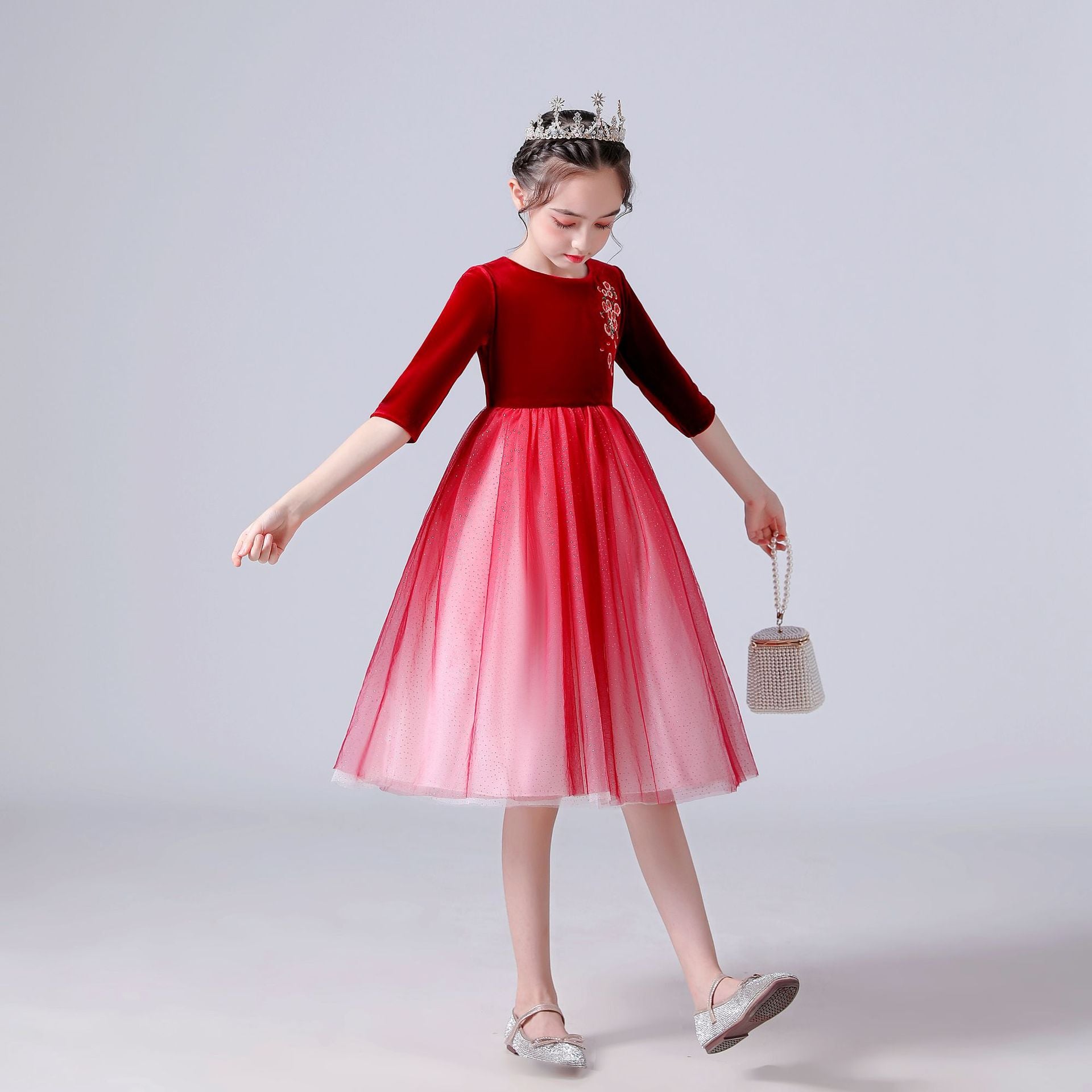 Kid Girls Princess Medium Long Sleeve Mesh Velvet Dresses