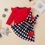 Infants Baby Girls Set Valentine's Day Long Sleeve Plaid Love Strap 2 Pcs Sets