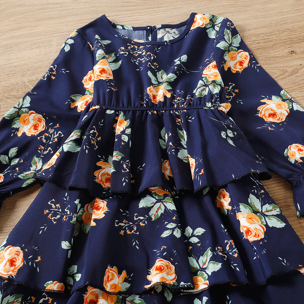 Kid Baby Girl Autumn Rose Print Multi-layer Long-sleeved Flower Dress