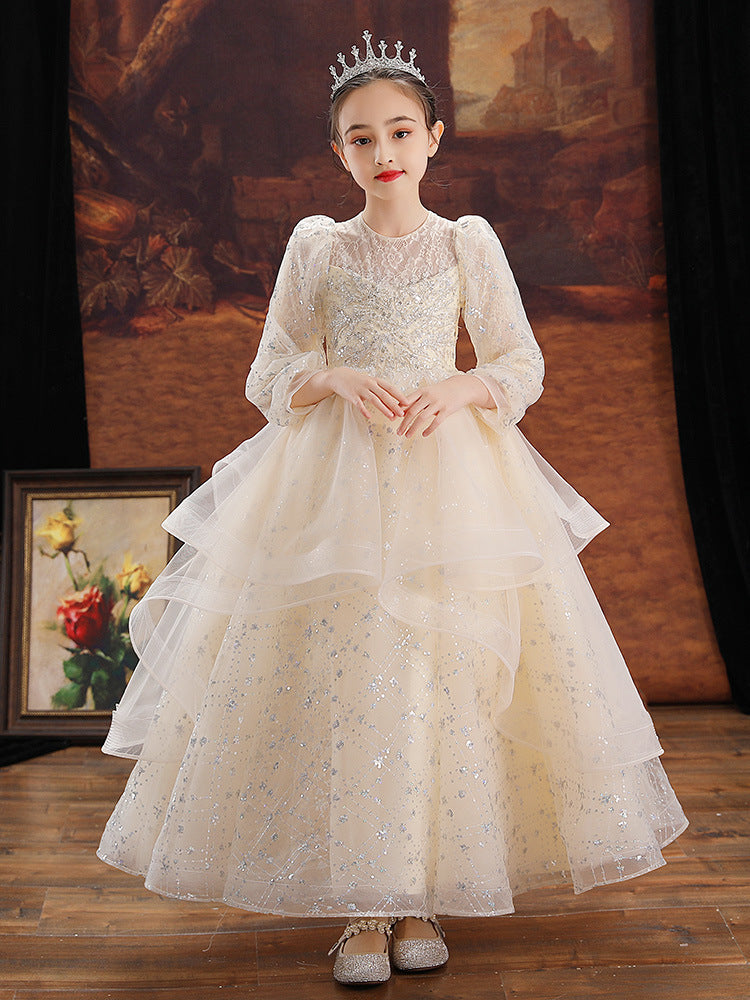 Kid Girl Flower Little Host Piano Performance Long Sleeve Dress