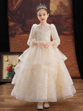 Kid Girl Flower Little Host Piano Performance Long Sleeve Dress