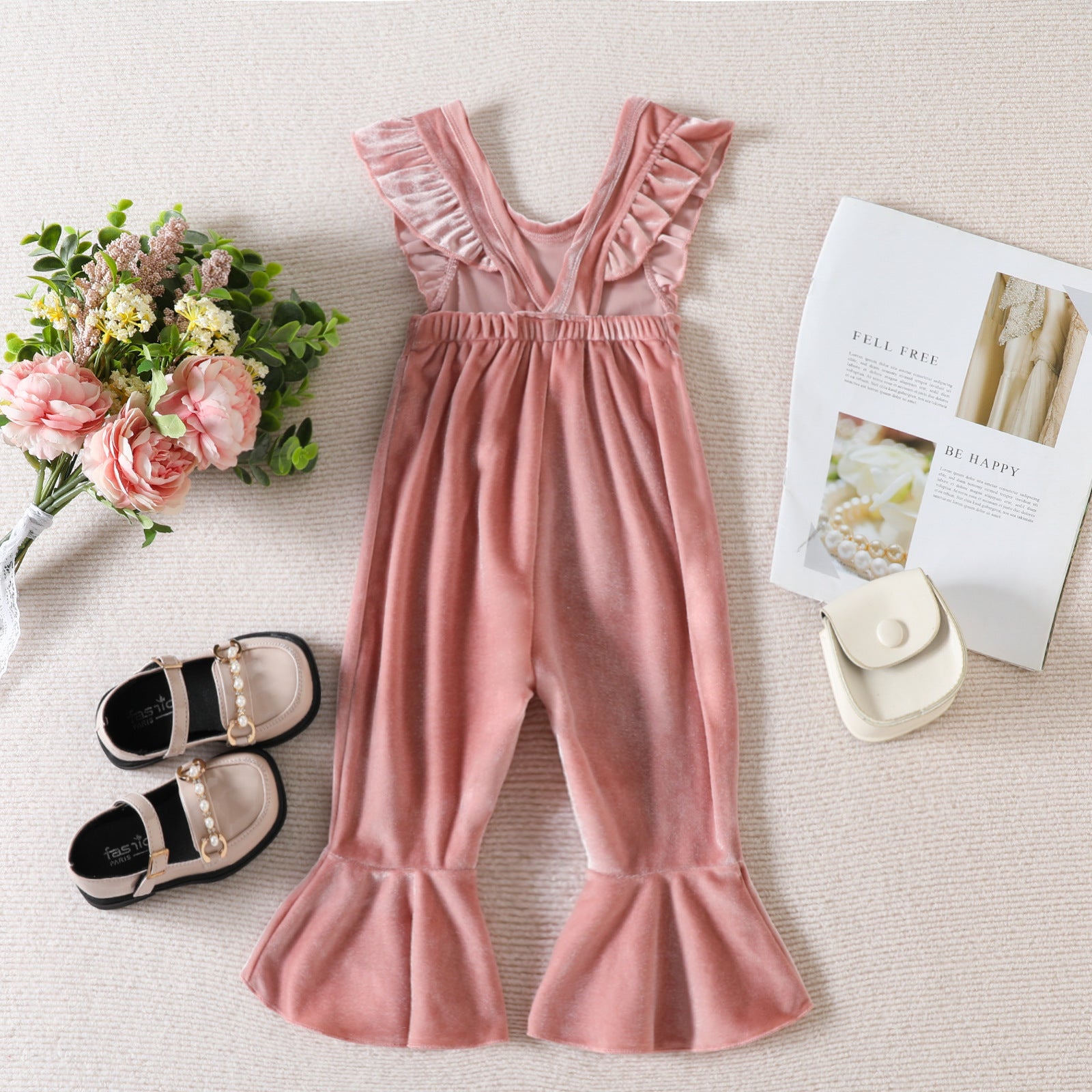 Baby Girl Jumpsuit Solid Color Wooden Ear Sleeve Suspenders Pants