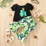 Little Baby Girl Bubble Sleeve Suit Summer Four-leaf Printed Bell 2 Pcs Set