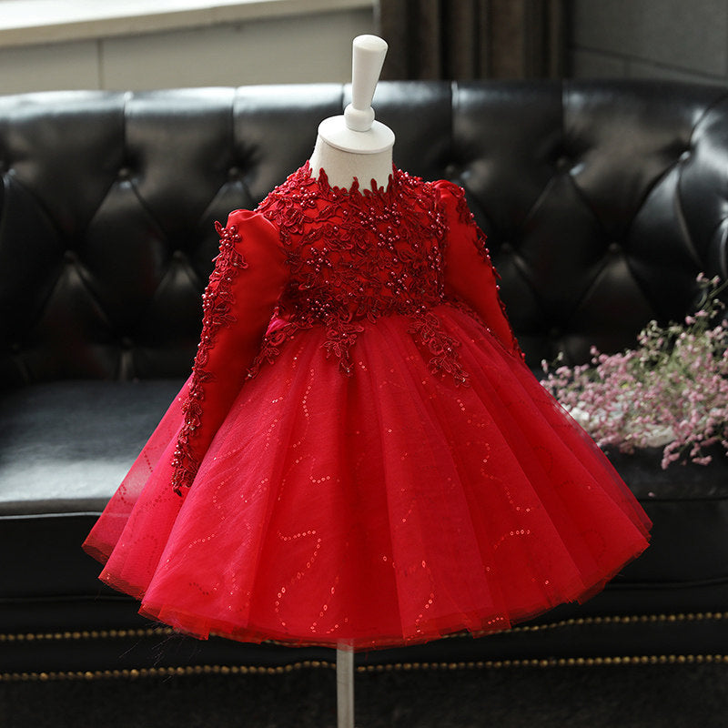 Kid Baby Flower Girl Wedding Pomfret Yarn Long Sleeve Birthday Princess Dress