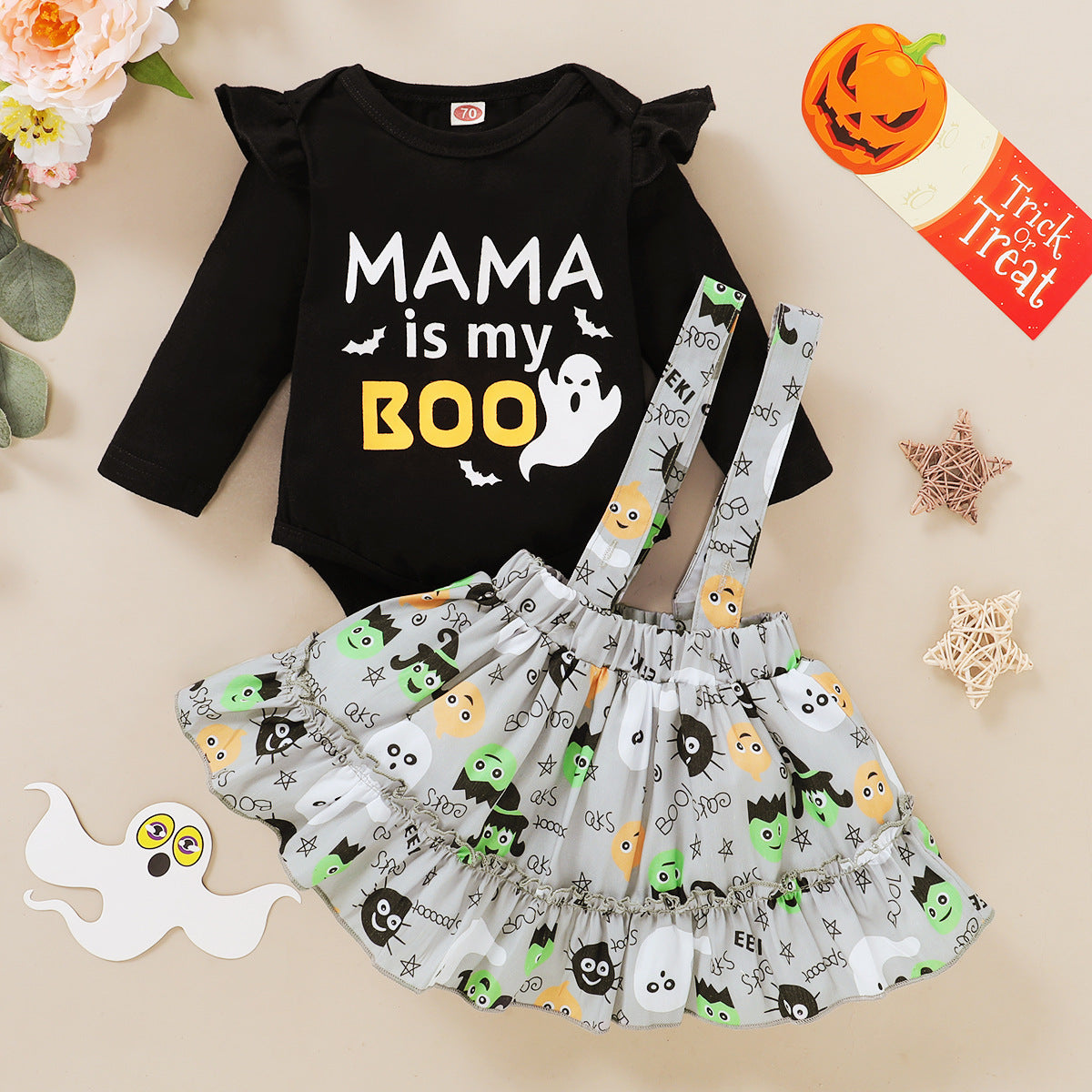 0-18M Baby Girls Spring Autumn Halloween Alphabet Print Halter 2 Pcs Sets