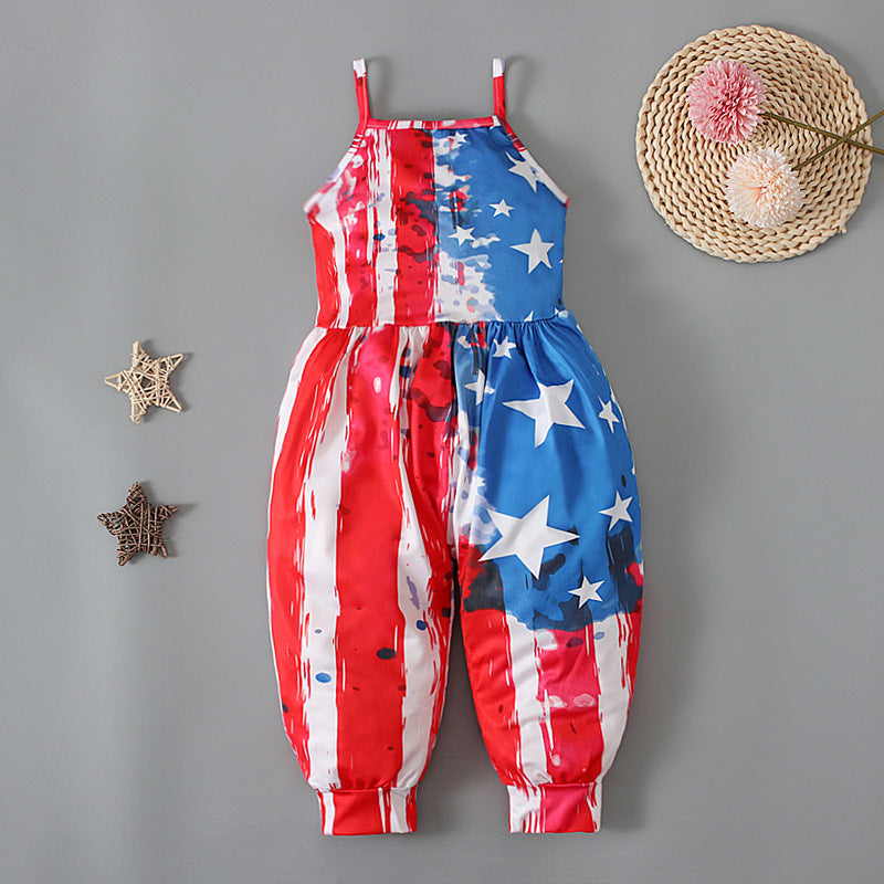 Kid Baby Girl Onesie Crawl Suit  American Flag Halter Pants Trousers