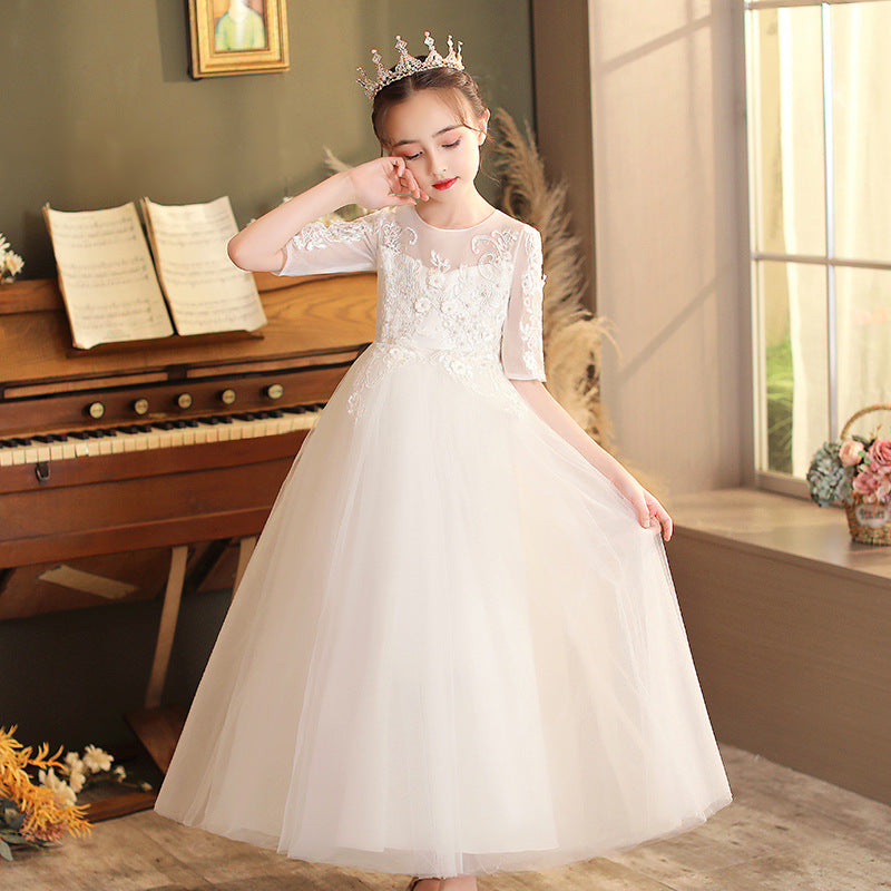 Kid Girl Banquet Long Sleeve Fluffy Yarn White Wedding Princess Dresses