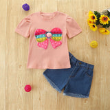 Kid Baby Girls Suit Summer Hole Stripe Bow Jeans 2 Pcs Sets