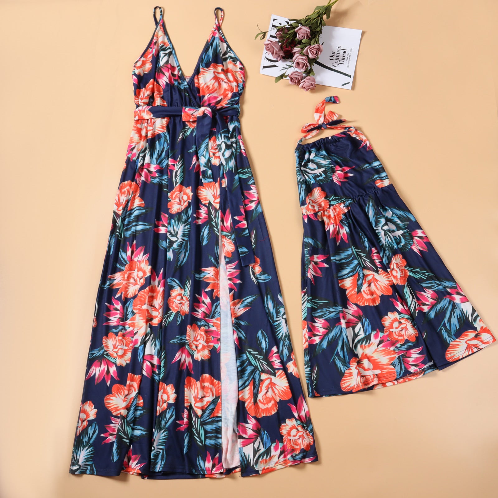 Family Matching Mother Daughter Halter Belt Flower Printed Garden Dresses