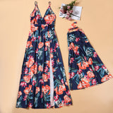 Family Matching Mother Daughter Halter Belt Flower Printed Garden Dresses