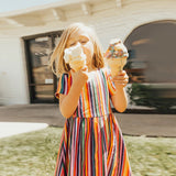 Family Matching Parent-child Rainbow Stripe Print V Collar Dress