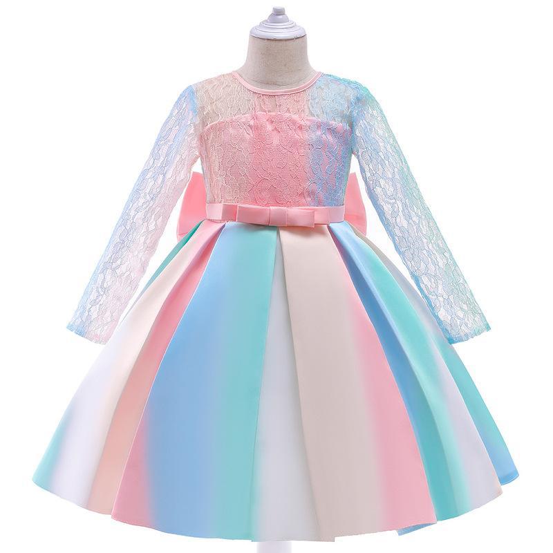 Kid Girl Christmas Gradual Long Sleeve Bow Lace Dress