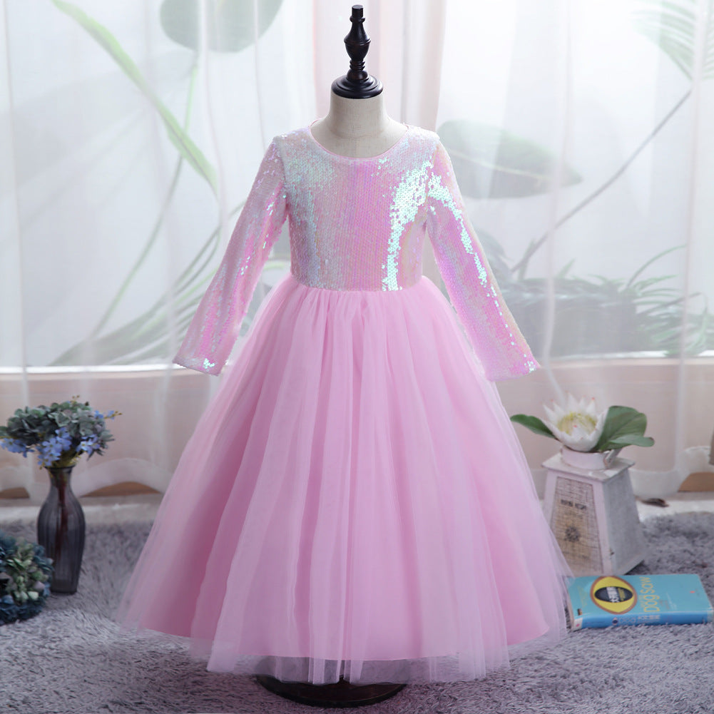 Kid Girl Sequins Puffy Long-sleeved Mesh Princess Dresses