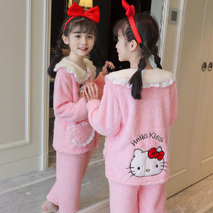 Kid Girl Pajamas Lapel Plush Autumn Winter Thickened Coral Fleece Cartoon Pajamas