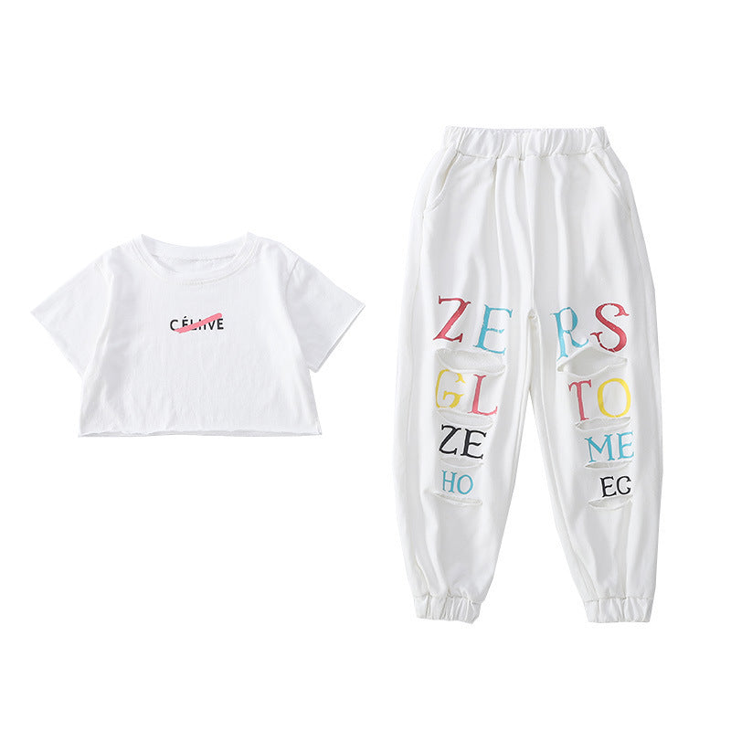 Kid Teenager Girls Summer Fashion Streetwear Ripped Cotton 2 Pcs Sets