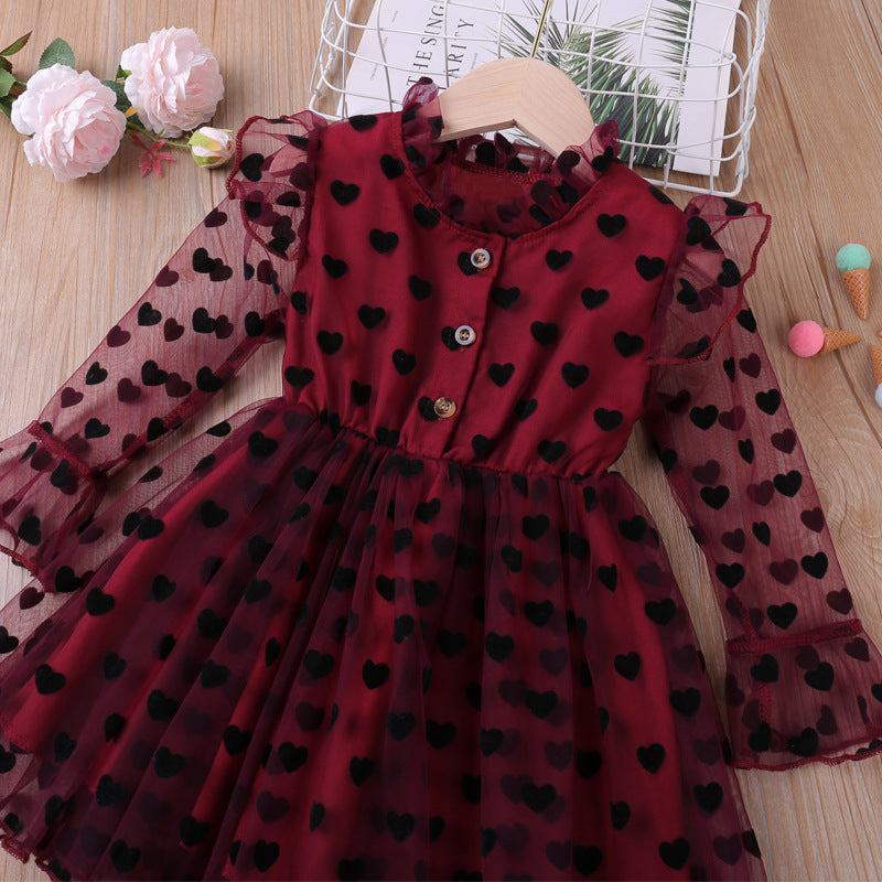 Kid Baby Girl PrincessSpring Summer Sweet Love Flocking Gauze Dresses