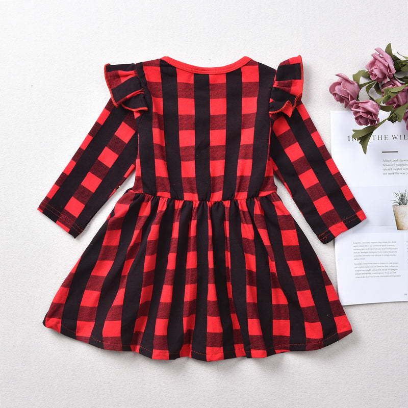 Kid Baby Girls Long Sleeve Christmas Plaid Flying Sleeve Dress
