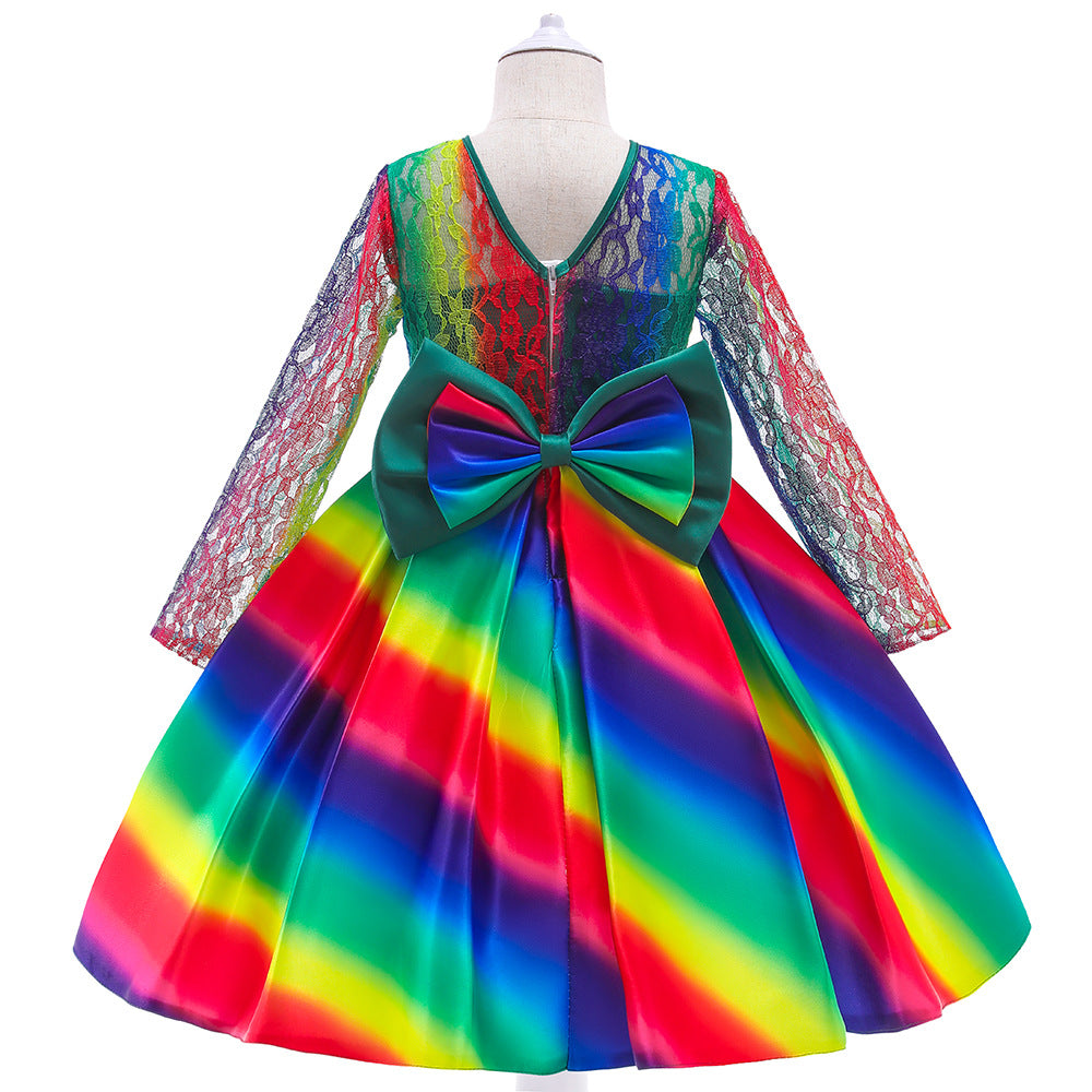 Kid Girl Christmas Gradual Long Sleeve Bow Lace Dress