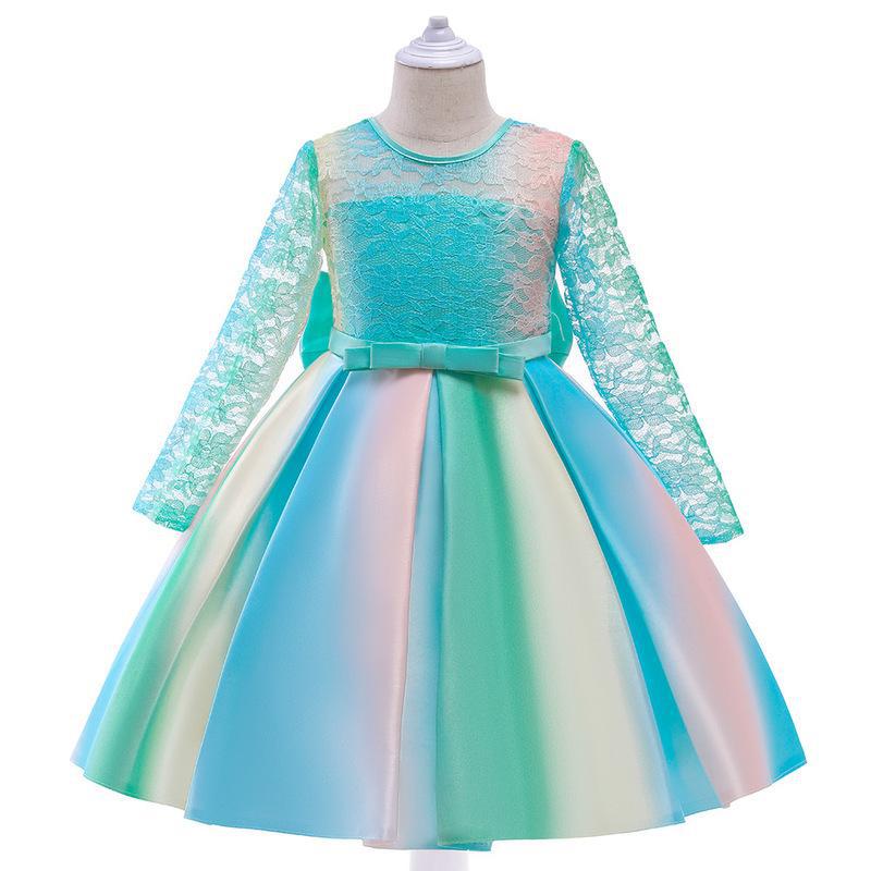 Kid Girl Christmas Gradual Long Sleeve Bow Lace Dress