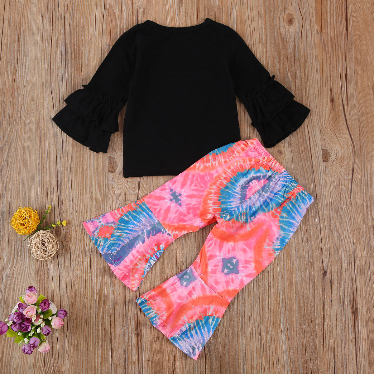 Baby Girl Valentine's Day Love Embroidered Long-sleeve Tie-dye 2 Pcs Set