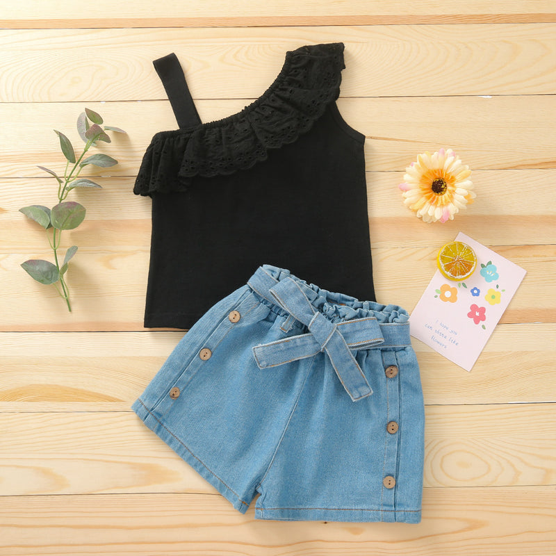 Kid Baby Girl Suit Ins Solid One Shoulder Sleeveless Jean Shorts 2 Pcs Sets