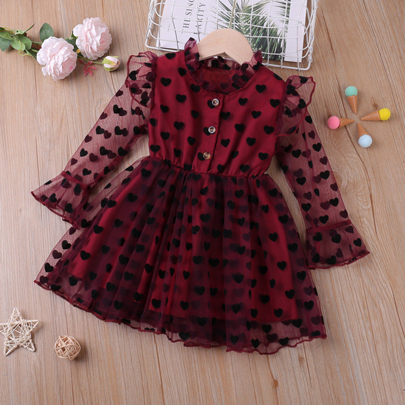 Kid Baby Girl PrincessSpring Summer Sweet Love Flocking Gauze Dresses