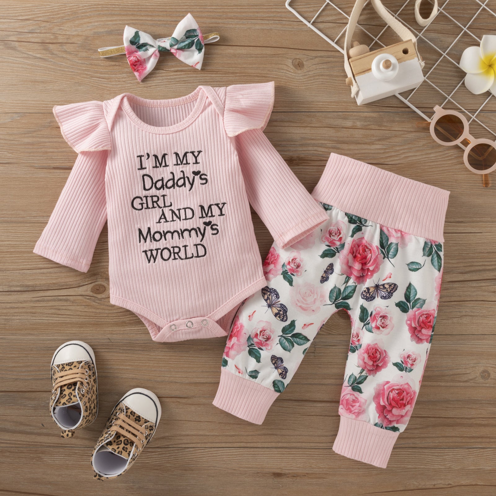 Baby Girl Suit Stripe Long Sleeve Letter Embroidered Flower 3 Pcs Sets