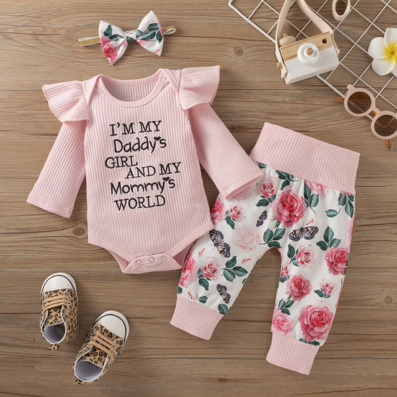Baby Girl Suit Stripe Long Sleeve Letter Embroidered Flower 3 Pcs Sets