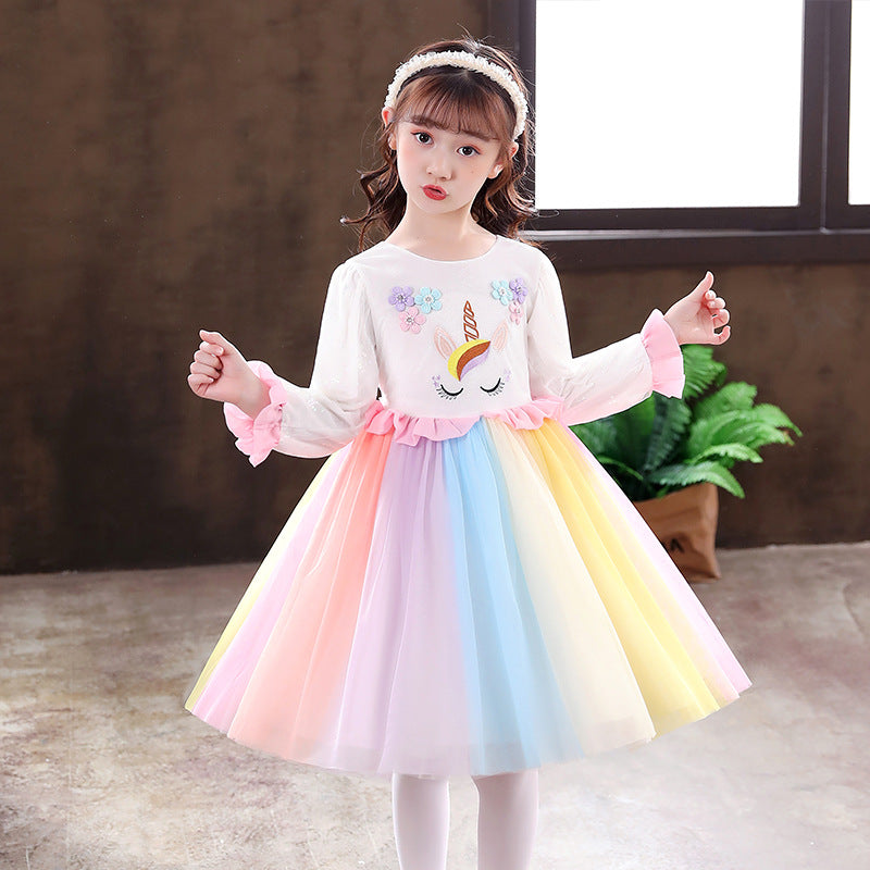 Autumn Spring Kids Girl Unicorn Long Sleeve Dresses