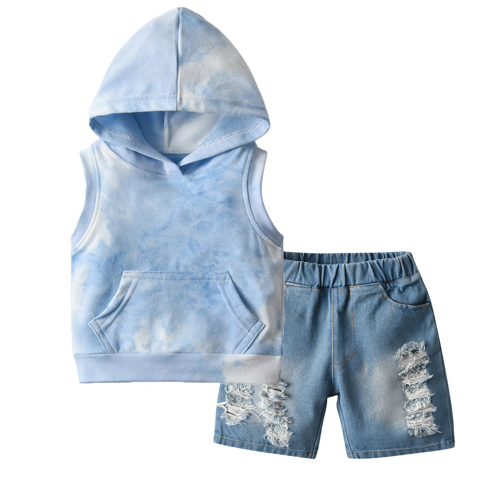 Kid Baby Boys Set Hooded Sleeveless Tie-dye Pullover 2 Pcs Set