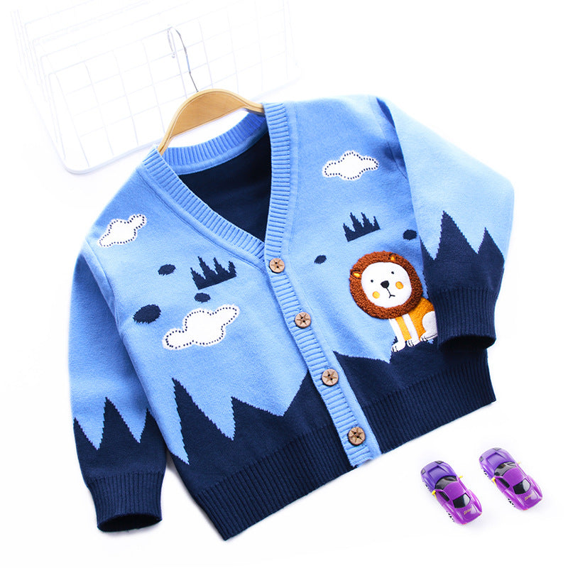 Kid Boy Cardigan V-neck Breasted Embroidered Sweater