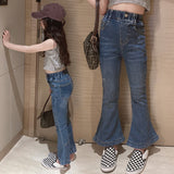Kid Girl Teenage Jeans Spring Fashion Retro Versatile Slim Blue Denim Flared Pants