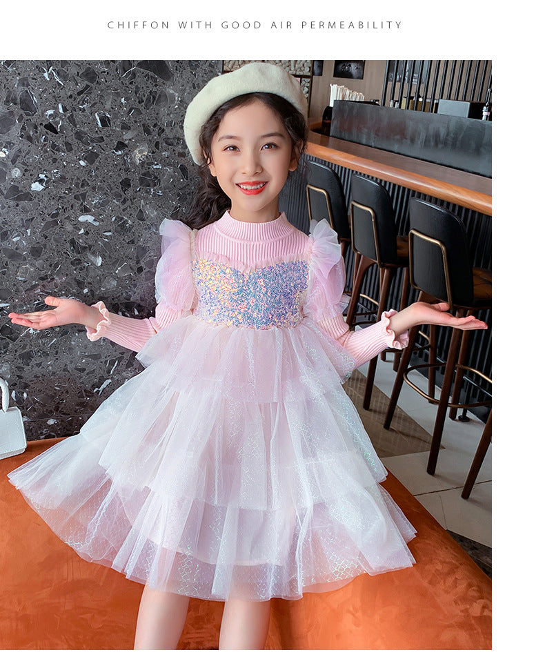 Kid Baby Girl Princess Autumn Knitted Sequins Cake Dress