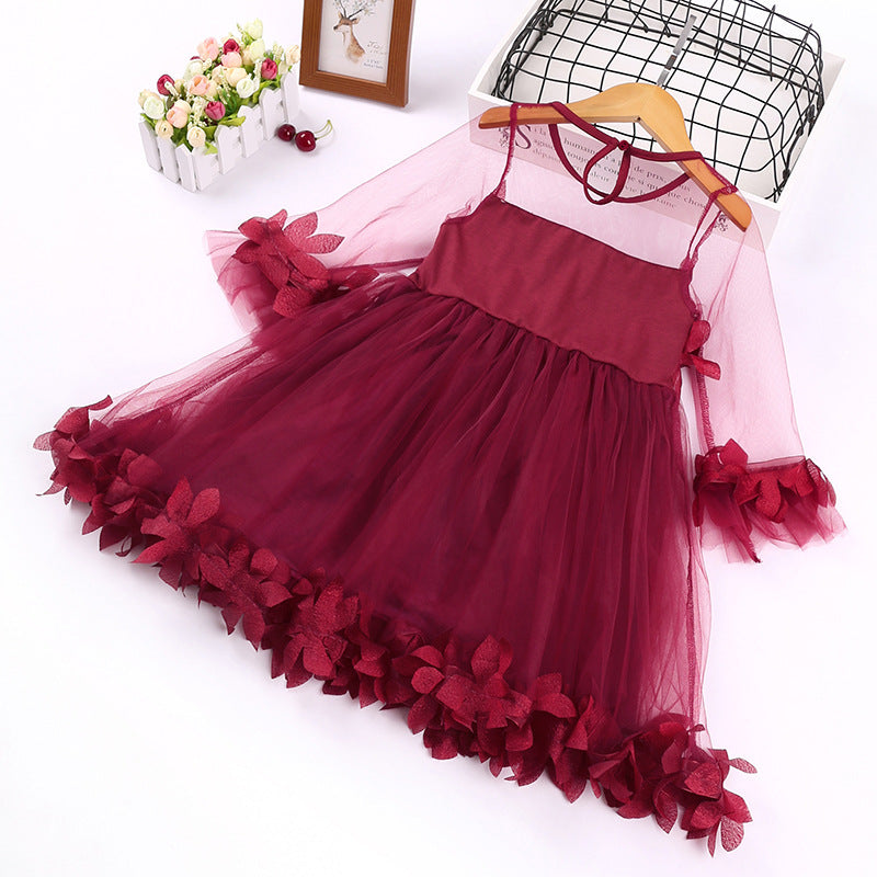 Kid Baby Girl Sweet Petal Lace Middle Sleeve Spring Flower Dress