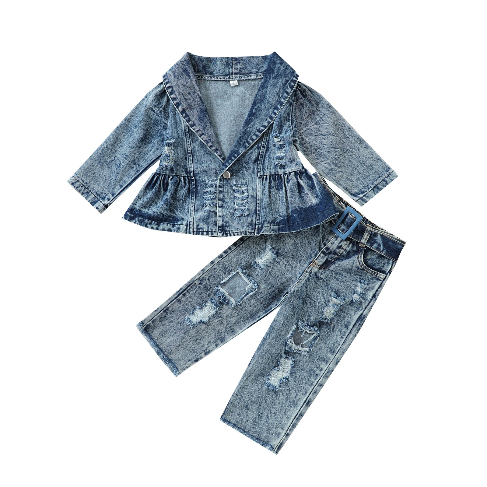 Kid Baby Girl Suit Single Breasted Solid Denim Blue 2 Pcs Sets