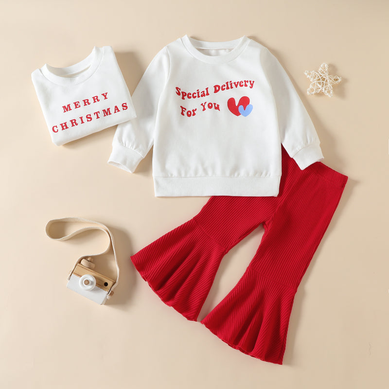 Kid Baby Girl Christmas Long Sleeve Letter Stripe Flare 2 Pcs Suits Sets