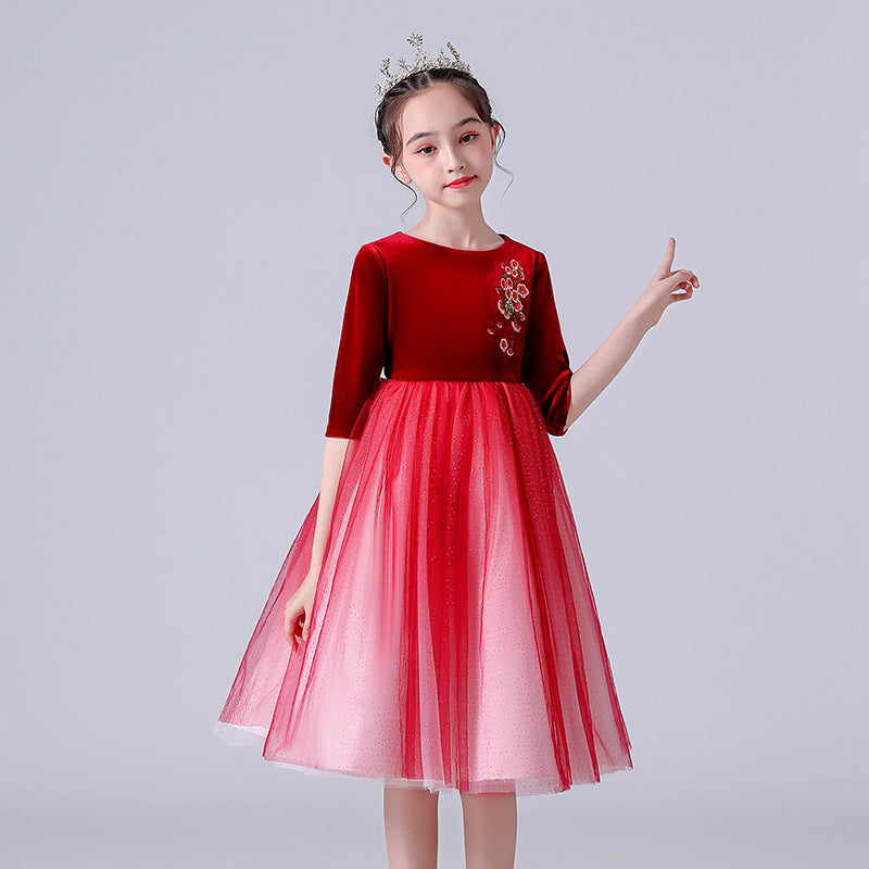 Kid Girls Princess Medium Long Sleeve Mesh Velvet Dresses