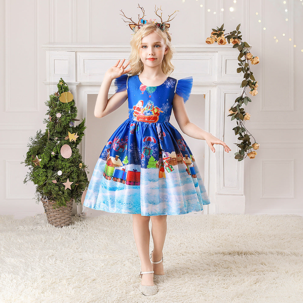 Kid Baby Girl Santa Claus Snow Forge Printed Cotton Christmas Dresses