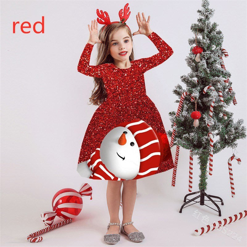 Kid Baby Girl Long Sleeve Round Neck Christmas Print Dress