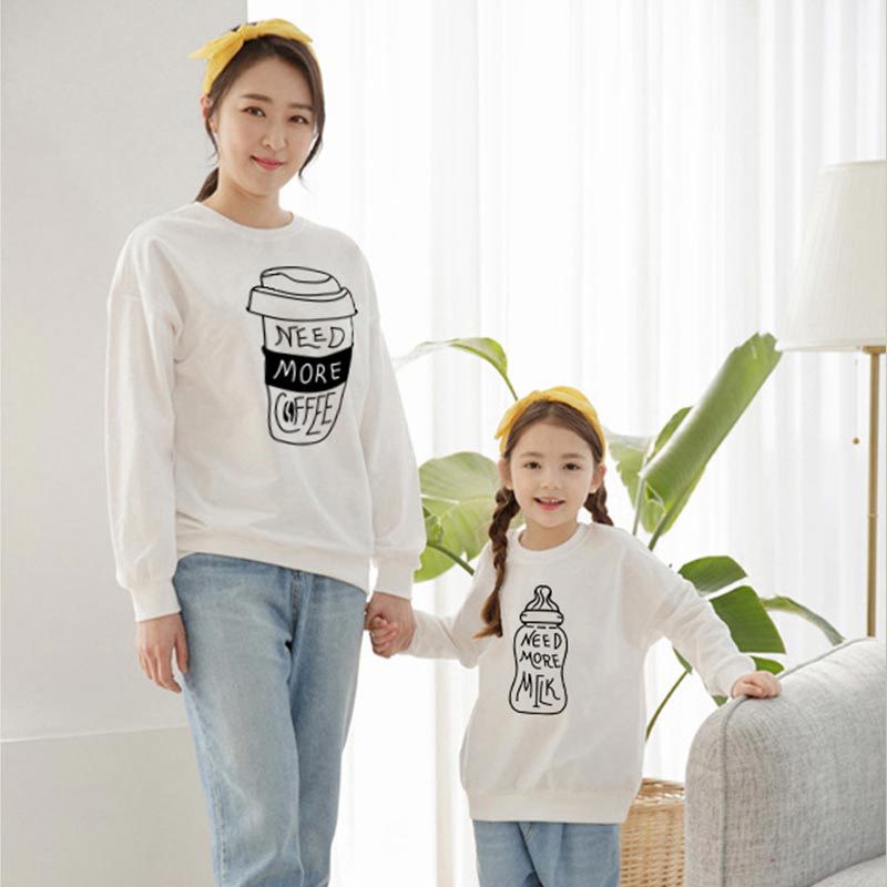 Family Matching Milk Tea Coffee, Warm Heart Letter Printing Shirts Tops