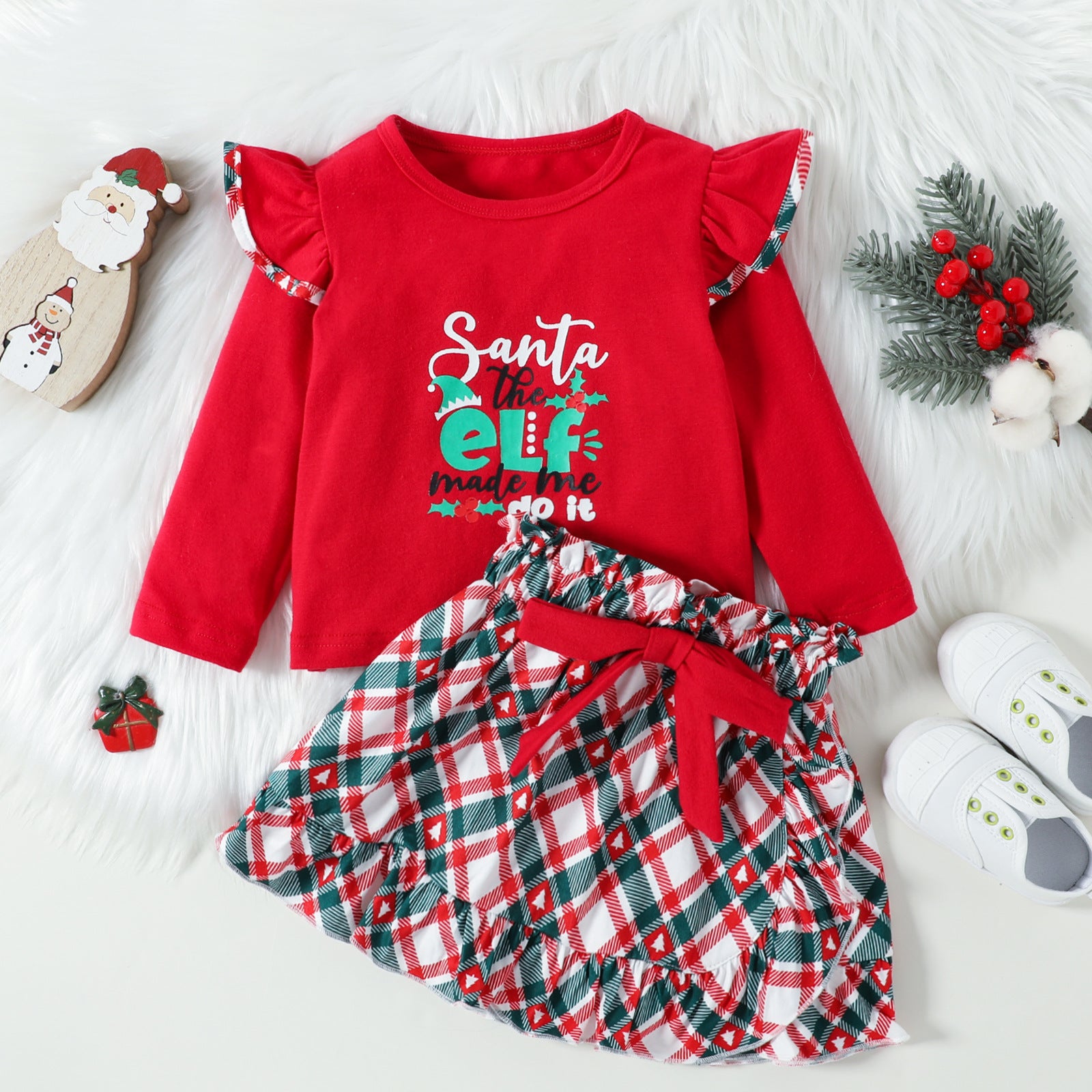 Kid Baby Girl Christmas Long Sleeve Letter Plaid 2 Pcs Sets