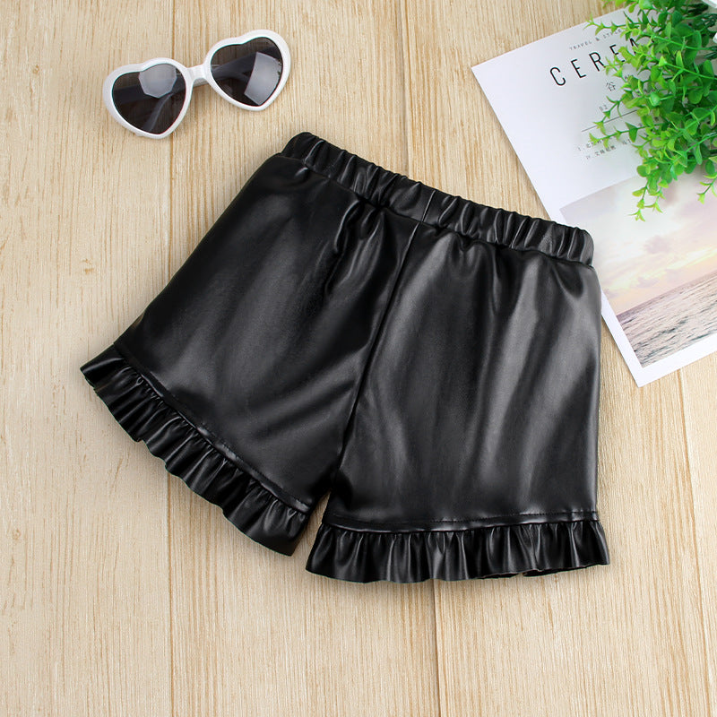 Kid Girls Fashion Leather Show Tall Slim Wide Leg Pants