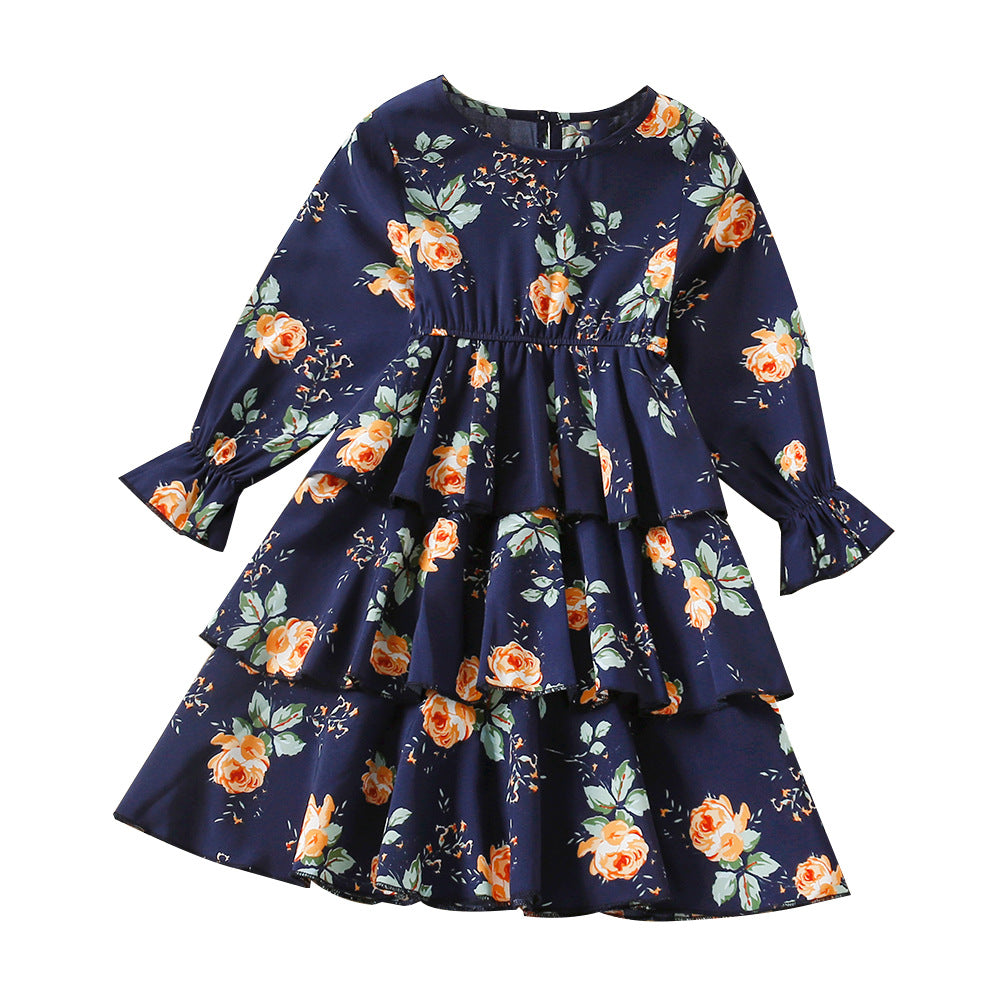 Kid Baby Girl Autumn Rose Print Multi-layer Long-sleeved Flower Dress
